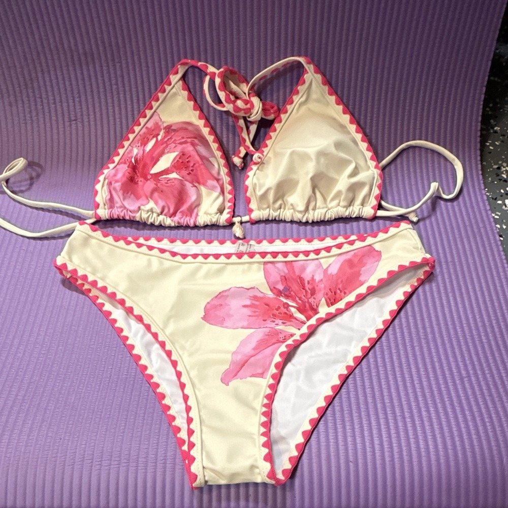 SheIn Women's 2-Piece Floral Triangle Halter Lined Bikini Set Cream/Pink L